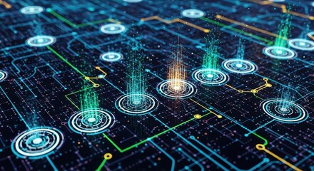 Advanced technological circuit board displaying interconnected data streams for communication