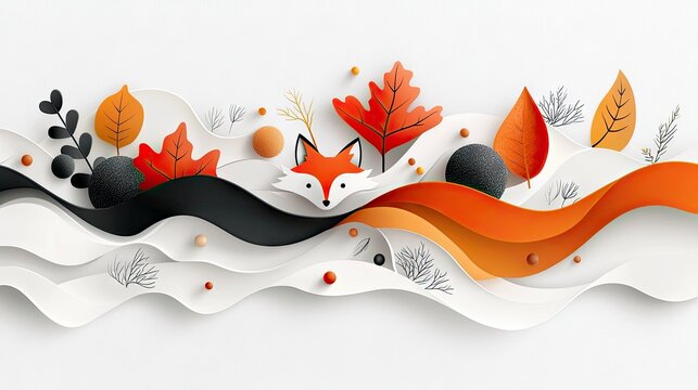 A charming paper cutout scene featuring a fox face amidst colorful autumn leaves and layered wavy shapes on a white background.