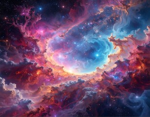 Cosmic vista Nebula swirls with vibrant hues of pink, blue, and orange, speckled with stars