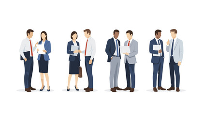 Obraz premium Group of diverse business people in formal attire standing and talking in small pairs