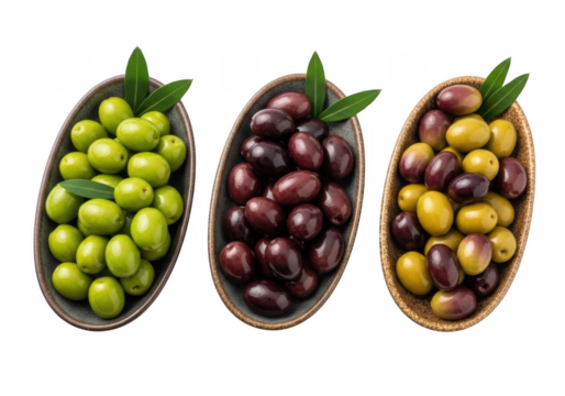Green, Black, and Yellow Olives in Bowls Isolated on Transparent