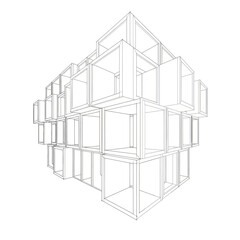 Architectural structure of interconnected boxes forming a complex geometric design.
