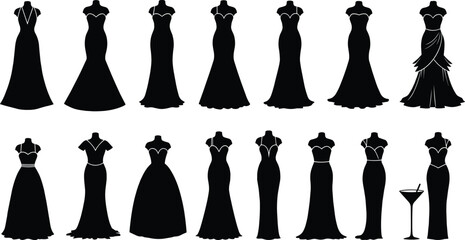 Elegant evening gown silhouettes, fashion design collection, formal wear variety, stylish dresses, necklines, sleeves, skirt shapes, black silhouettes, martini glass