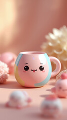 Cute pastel coffee mug with kawaii smiley face surrounded by soft decoration.