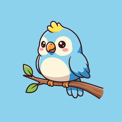 A cute chubby cartoon blue bird with a yellow crest sitting on a tree branch against a light blue background.