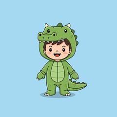 A cute cartoon child with a happy expression wearing a green crocodile costume standing against a light blue background. © Zetaa