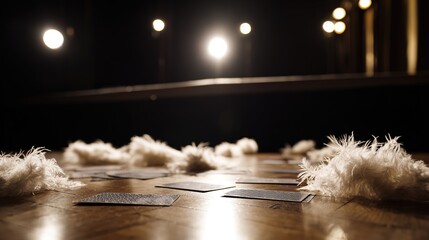 Playing cards, white feather boas, scattered on a wooden stage with stage lights and a dark backdrop, low angle, copy space.