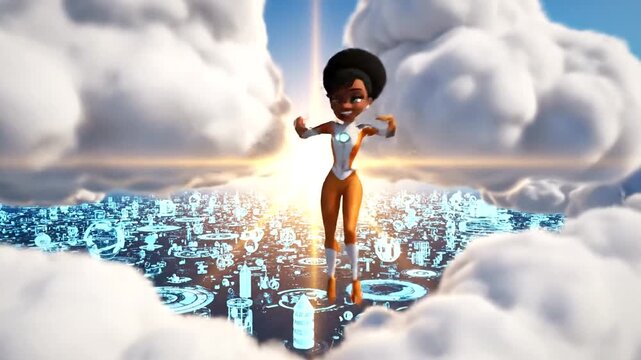 Character unlocking a golden padlock in clouds