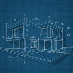 Architectural blueprint of a modern house design with detailed dimensions.