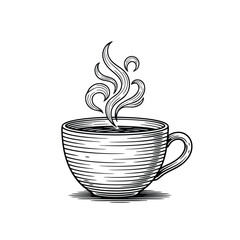 Detailed black and white engraving style illustration of a steaming hot cup of coffee or tea, with elegant swirling steam rising from the beverage.
