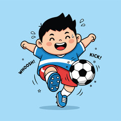 A happy cartoon boy in a blue shirt and red shorts enthusiastically kicks a soccer ball, with 