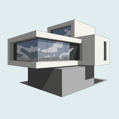 Modern architectural design showcasing a contemporary house with geometric shapes and glass windows.