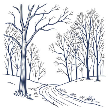 Black and white line drawing of a winding path through bare winter trees
