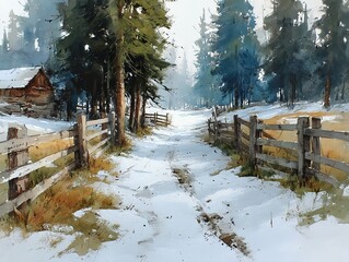 Peaceful winter forest path with rustic wooden fence and evergreen trees in soft watercolor style