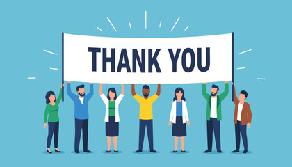 Vector Thank You Banner Team - A diverse group holding a gratitude sign.