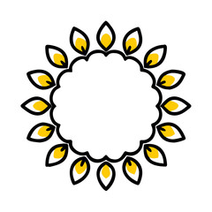 Circular frame design resembling a stylized sun or flower with flames