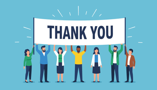 Vector Thank You Banner Team - A diverse group holding a gratitude sign.