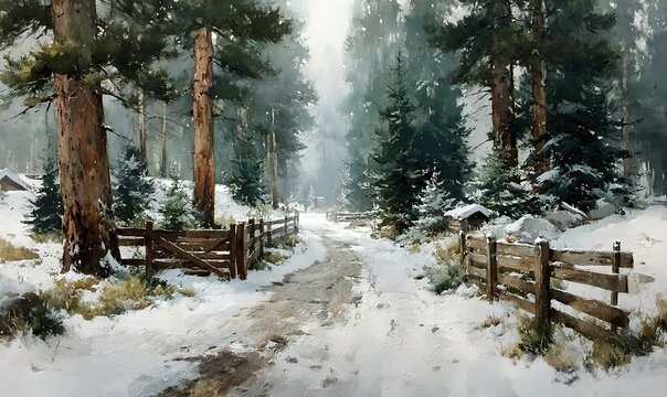 Peaceful winter forest path with rustic wooden fence and evergreen trees covered in snow
