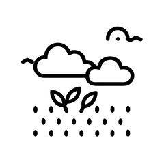Simple line art icon depicting rain falling onto small plant sprouts