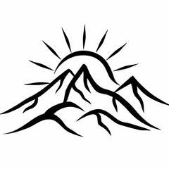 Stylized black and white mountain range with sun rising over peaks isolated on