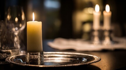 unanimity. Polished silver tray on a formal dining table reflecting fine cutlery and candlelight in soft ambient lighting. lifestyle magazines.
