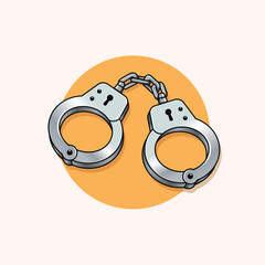 A shiny pair of metal handcuffs connected by a short chain, illustrated in a clean cartoon style against a soft background circle.
