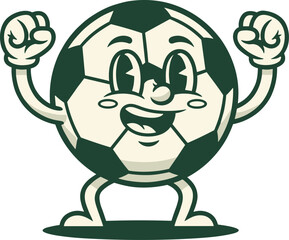 Joyful Retro Cartoon Football Mascot Posing with Fists Raised in Celebration, 1930s Vintage Style Animated Soccer Ball Character, Representing Sports Achievement, Team Spirit, and Gaming Enthusiasm