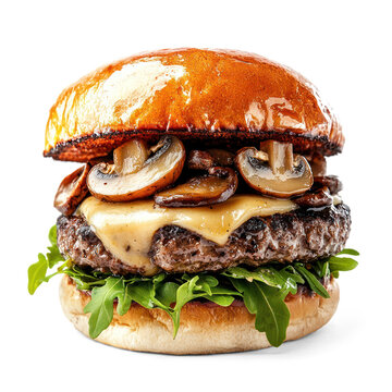 A gourmet burger with saluted mushrooms, Swiss cheese, and a brioche bun. full length isolate on transparent background