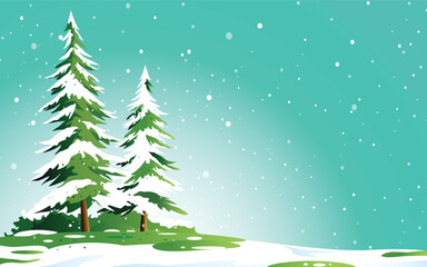 Winter scenery with snowy pines and blue sky during snowfall