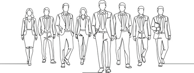 Continuous Line Art Vector Illustration of a Diverse Group of Business People Walking Forward, Symbolizing Teamwork, Corporate Success, Leadership, and Professional Movement