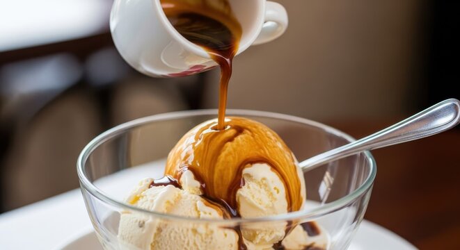 Affogato creation with freshly poured espresso over vanilla ice cream dessert
