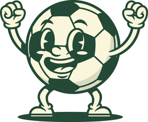 Excited Retro Cartoon Soccer Ball Mascot Character Celebrating with Arms Raised, 1930s Vintage Style Animation of a Happy Football Icon, Representing Sports, Victory, and Game Energy