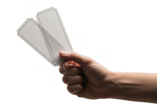 Hand Holding Two Blank Tickets on Transparent Background Isolated Close Up