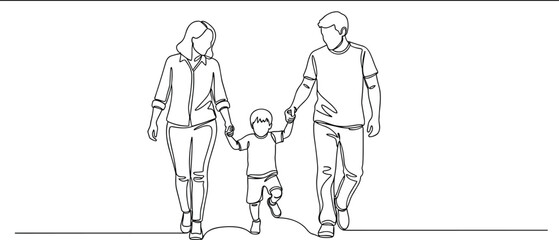Continuous Line Art Vector Illustration of a Young Family Walking Together Hand-in-Hand, Symbolizing Parenthood, Childhood, Love, Security, and Happy Family Life