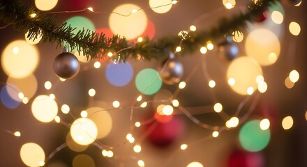 Magical Christmas Tree Lights and Ornaments: Cozy Holiday Bokeh Background with Evergreen Branches, Warm Glow, and Colorful Abstract Party Atmosphere for Festive Design