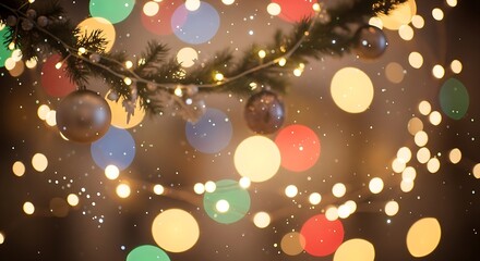 Magical Christmas Tree Lights and Ornaments: Cozy Holiday Bokeh Background with Evergreen Branches, Warm Glow, and Colorful Abstract Party Atmosphere for Festive Design