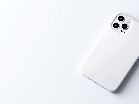 A white smartphone with a prominent triple-lens camera system is positioned on a plain white surface, creating a minimalist and clean aesthetic.