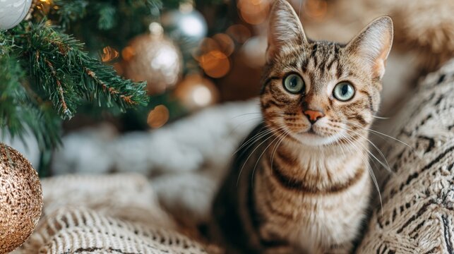 A tabby cat with striking green eyes sits near a decorated Christmas tree, exuding holiday charm and warmth.