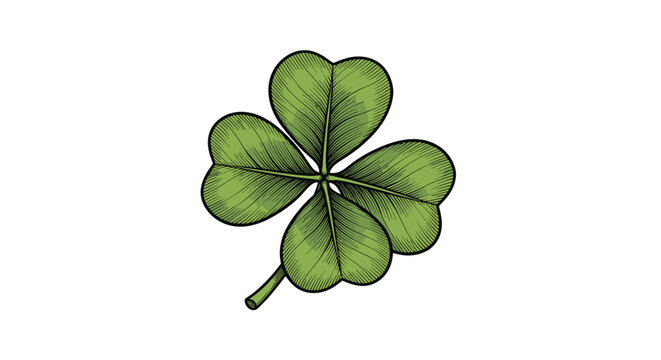 Classic hand-drawn illustration of a vibrant green four-leaf clover, featuring a detailed, textured style, symbolizing luck and prosperity.