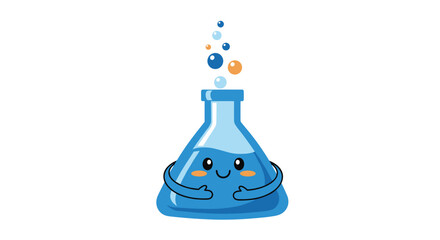 Cute cartoon blue science flask with a happy face and arms, emitting colorful bubbles, symbolizing fun and friendly chemistry education.