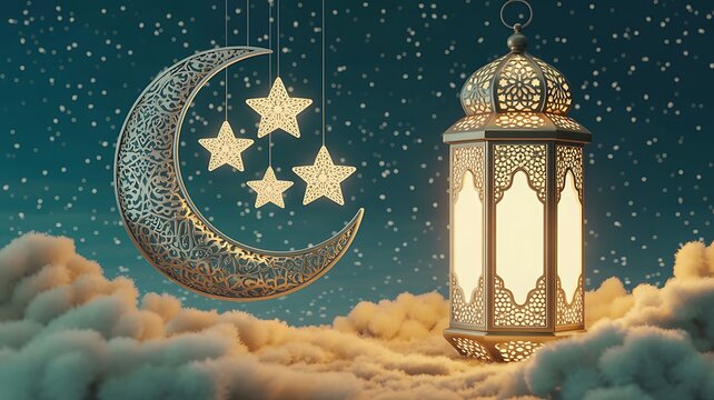 Silver Crescent Moon with Stars and Lantern Floating on Clouds at Night ramadan ornate