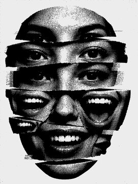 Fragmented Emotions &ndash; Surreal Glitch Portrait of Split Human Face with Multiple Eyes and Mouths, Abstract Psychological Concept