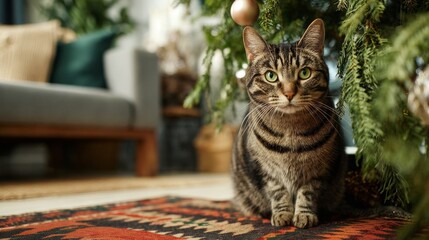A tabby cat sits attentively under a decorated Christmas tree in a cozy living room setting.