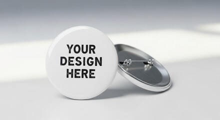 Customizable white button badge mockup with front and pin-back view on clean surface