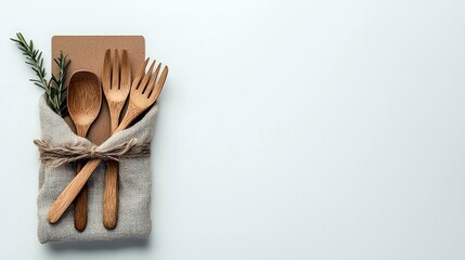 A set of wooden cutlery, including a spoon and two forks, is neatly wrapped in a linen napkin and tied with twine, with a sprig of rosemary adding a natural tou