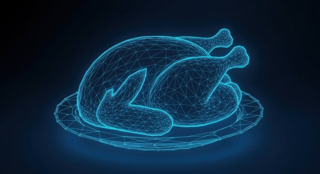 Futuristic wireframe render of a roasted chicken on a platter, glowing blue digital food