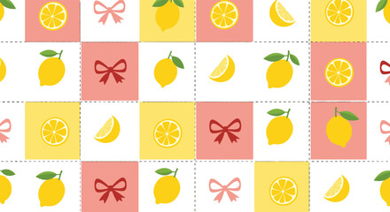 Fototapeta premium Cheerful seamless pattern with fresh yellow lemons, bright slices, and decorative pink and red bows arranged in a vibrant grid design.