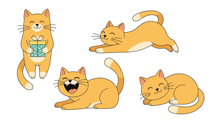 Cute orange cartoon cats in a variety of cheerful poses and expressions, including a cat holding a gift, stretching, laughing, and sleeping.