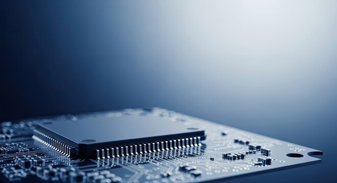 A computer chip on a circuit board with a blue and white gradient background.