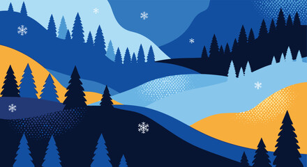 A beautiful stylized winter landscape with snow-covered rolling hills and pine trees, featuring a calm snowfall and a serene natural scene.